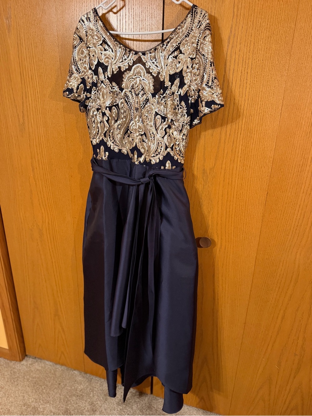 R&M Richards Navy Midi Dress with Gold Embellished Bodice and Sash